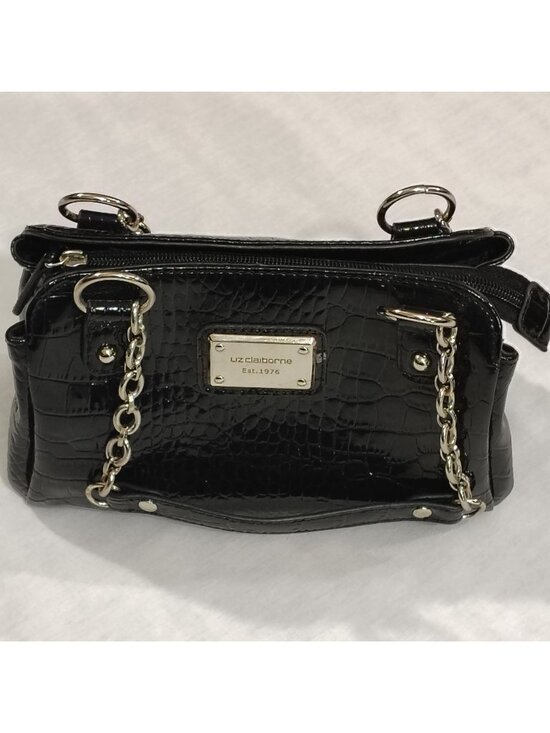 Liz Claiborne Handbags - Liz Claiborne Handbag Purse Black 9"x6" Faux Croc Leather Shiny Pockets Chain